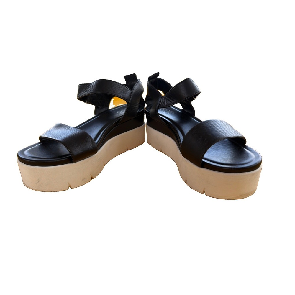 Franco Sarto Women's 9M Black Leather Ankle Strap Sandals White Lug Sole